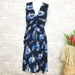 NWOT Halogen | Blue Floral Print Sleeveless Ruched Midi Dress Size SP